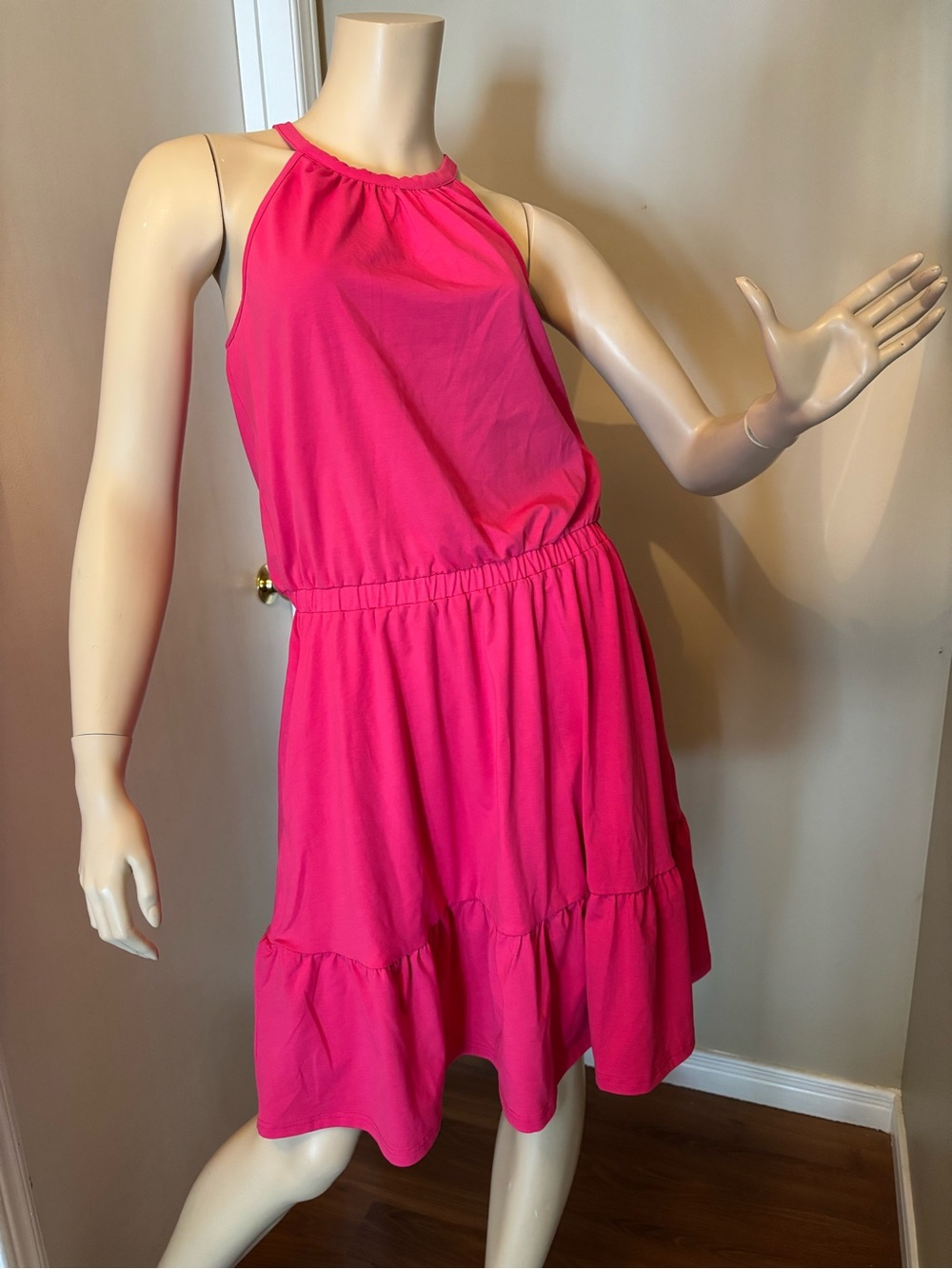 Halter Neck Hot Pink Tiered Mini Dress